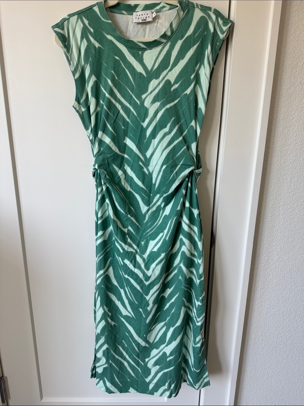 Tanya Taylor Green & Mint Zebra-Print Midi Dress with Side Ruching